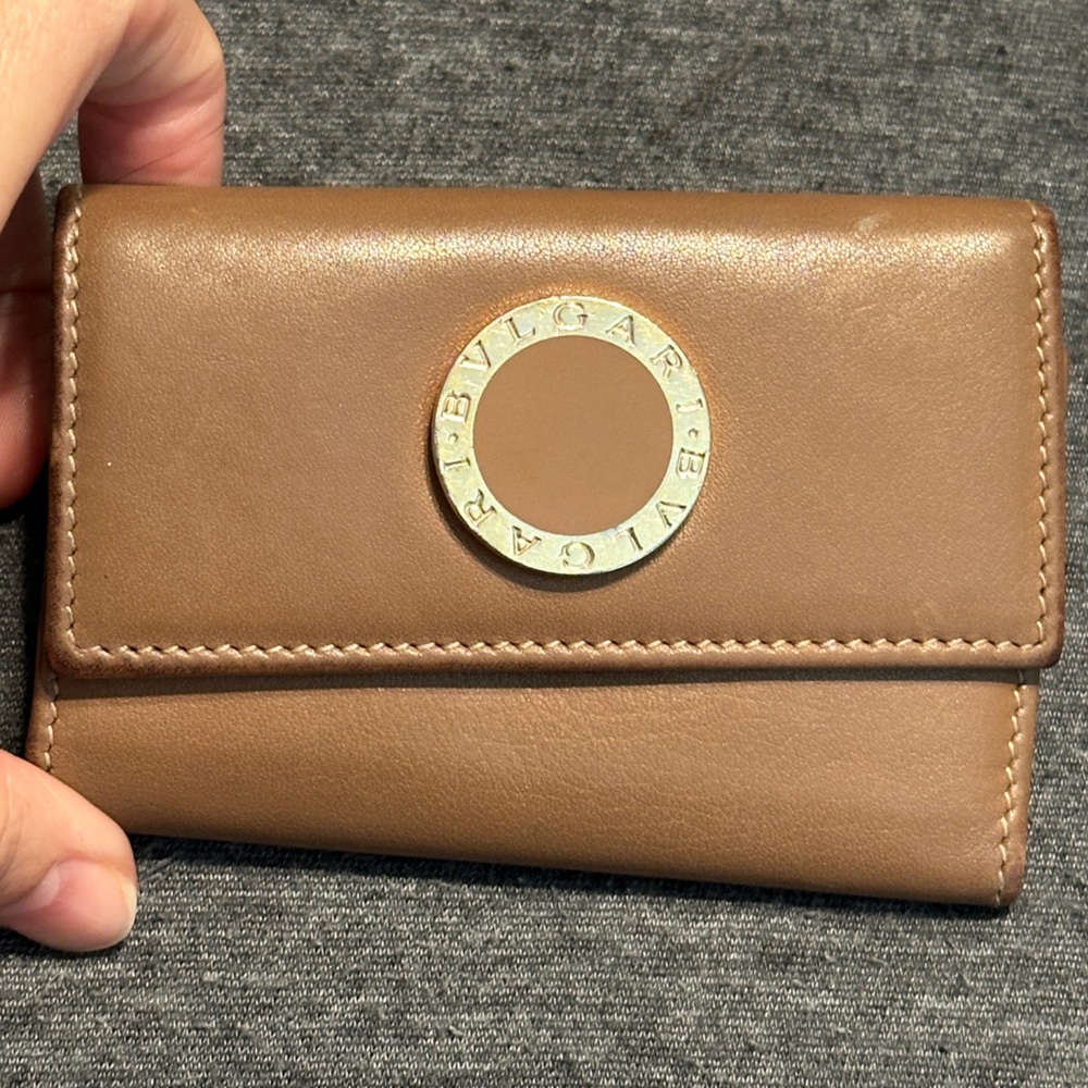 Bulgari Brown Leather Key & Card Holder with Gold Logo